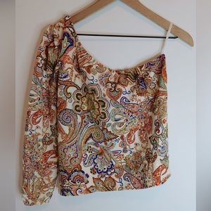 One shoulder paisley long sleeve blouse